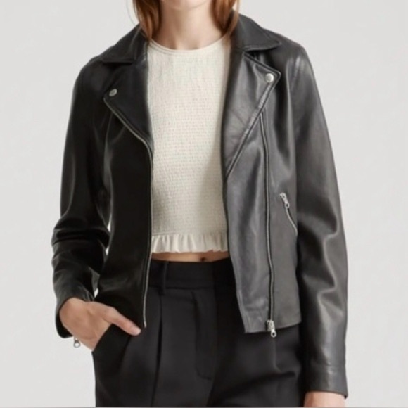 QUINCE 100% Washed Genuine Leather Biker Jacket XS Black Sheepskin - Picture 4 of 7